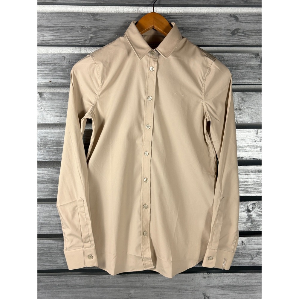 Burberry London England Womens Stretch Button Down Shirt Beige US 2 Uniform NWOT